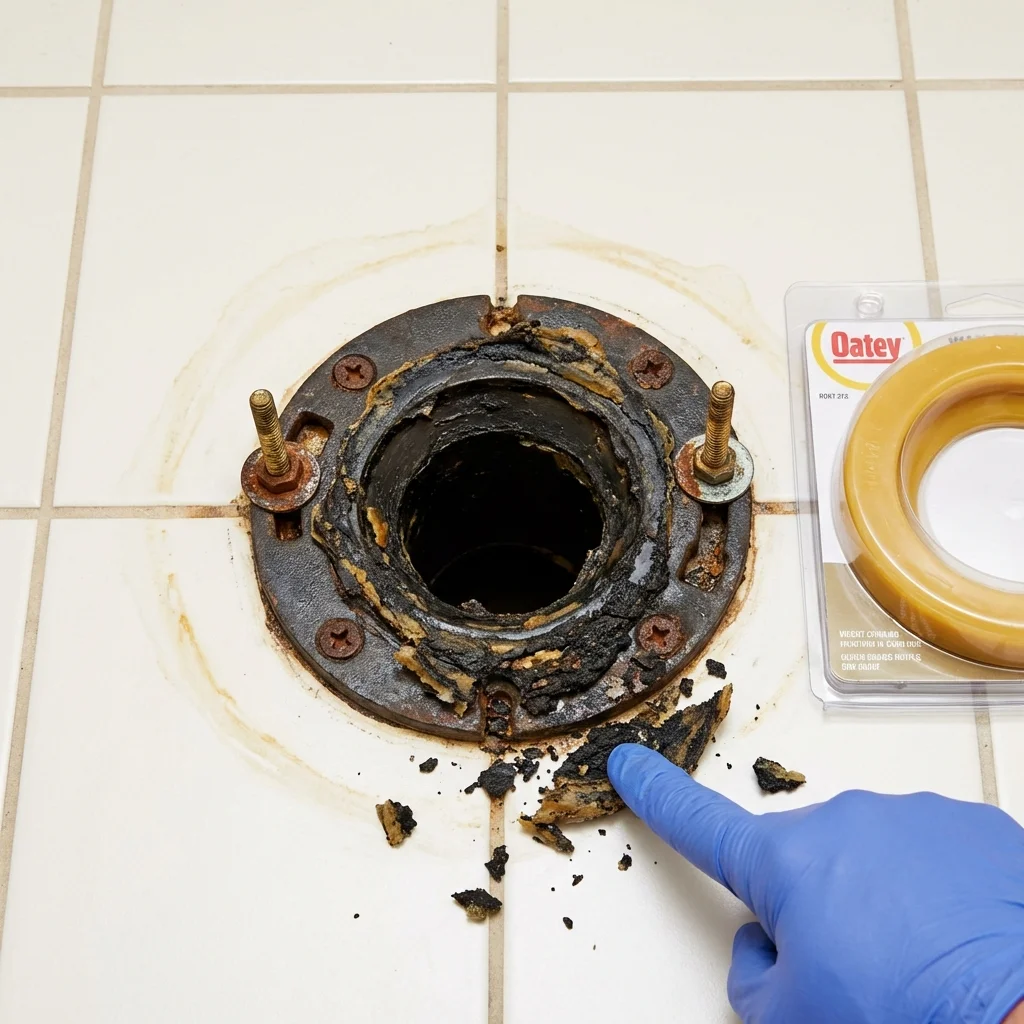 Failed wax ring showing water seepage at the base of a toilet in a Blue Ridge, VA home